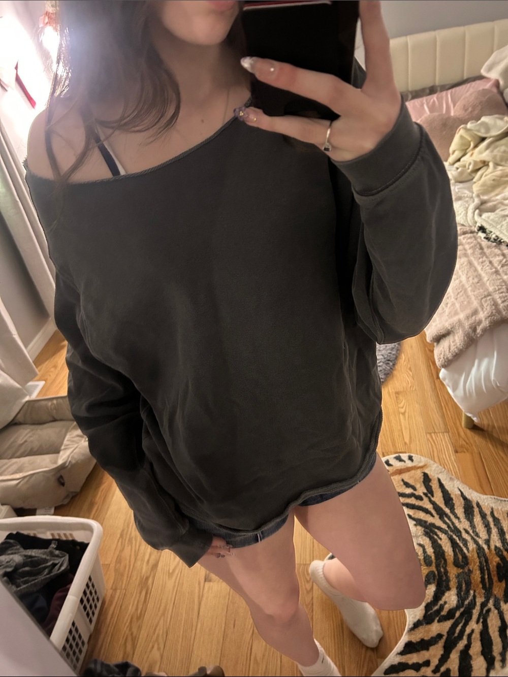 aerie Charcoal Off-Shoulder Oversized Sweatshirt
